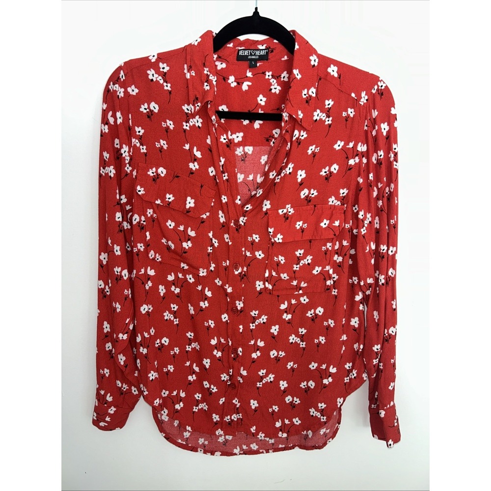 Velvet Heart Women's S Long Sleeve Button Up Shirt Tomato Red White Flowers